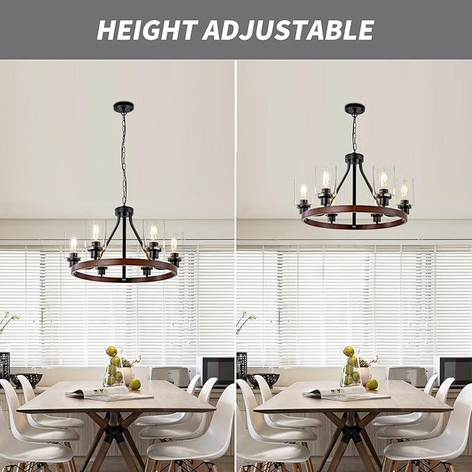 6-Light Farmhose Chandelier for Dining Room Light Fixture Faux Wood Kitchen Pendant Light Round Rustic Ceiling Hanging Lighting with Glass Globes Adjustable Height Metal E26