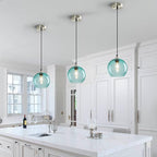 Light Blue Glass Pendant Lights Kitchen Island Lighting Globe Pendant Light Fixtures Modern Pendant Lighting for Bedroom Living Dining Room Light Fixture (7.87 in, 3 Pack)