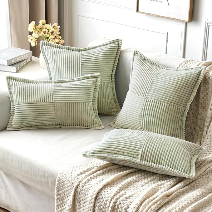 MIULEE Decorative Lumbar Throw Pillow Covers for Couch Bed Livingroom 12x20 Inch Set of 2 Light Green Boho Accent Throw Pllows Broadside Striped Patchwork Soft Corduroy Summer Pillowcases