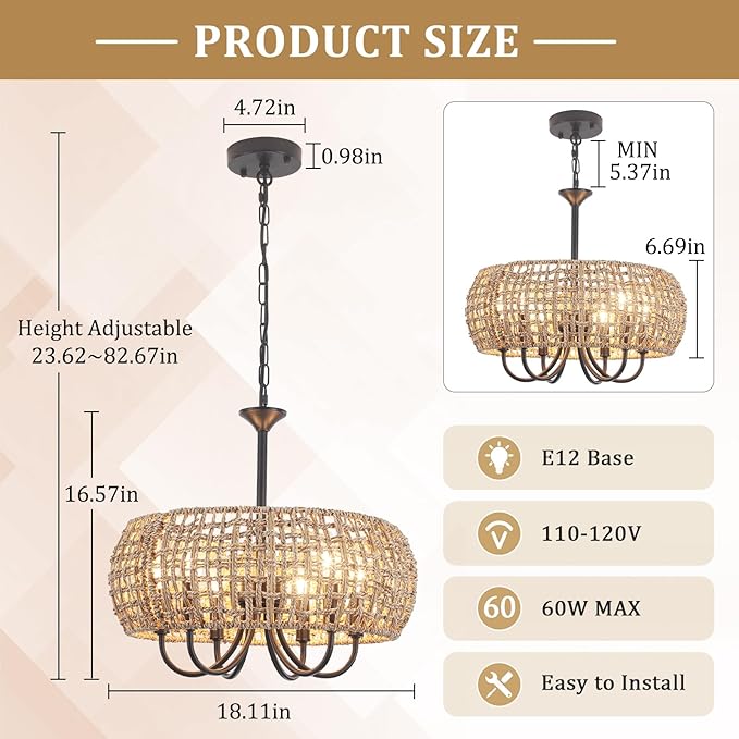 6-Light Rattan Chandelier Light Fixture, 18.11'' Wicker Chandelier Boho Kitchen Light Fixtures, Rattan Pendant Light Rustic Farmhouse Chandeliers for Dining Room Living Room Foyer