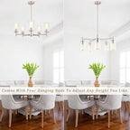 5 Lights Brushed Nickel Chandelier for Dining Room Light Fixture,24" Modern Farmhouse Pendant Lighting with Glass Shade Industrial Hanging Ceiling Light for Kitchen Island Entryway Foyer,E26