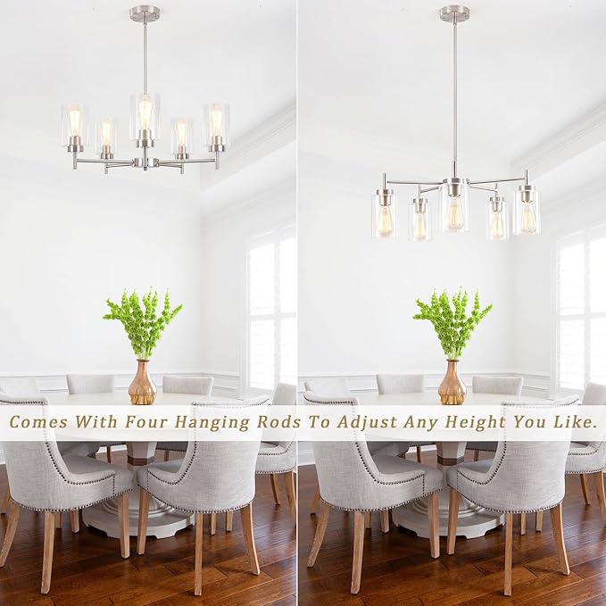 5 Lights Brushed Nickel Chandelier for Dining Room Light Fixture,24" Modern Farmhouse Pendant Lighting with Glass Shade Industrial Hanging Ceiling Light for Kitchen Island Entryway Foyer,E26