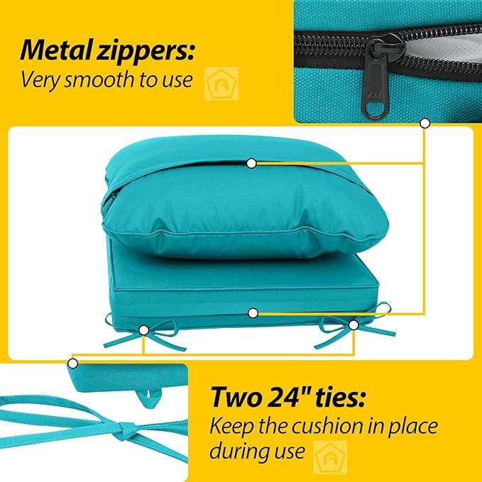 AAAAAcessories Outdoor Deep Seat Cushions, Waterproof, Fade-Resistant Patio Furniture Replacement Cushions, 23.5" x 25.5" x 5" + 23.5" x 19", Turquoise Blue