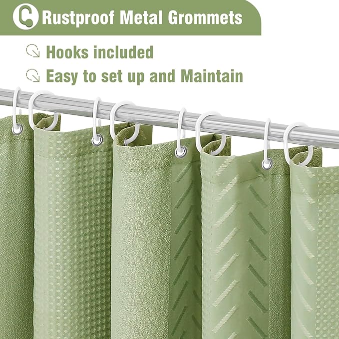 3D Embossed Pattern Shower Curtain, Simple and Chic Pattern Vintage Curtain for Bathroom, Waterproof Fabric Shower Curtains with Hooks, 36 W x 72 H, Sage