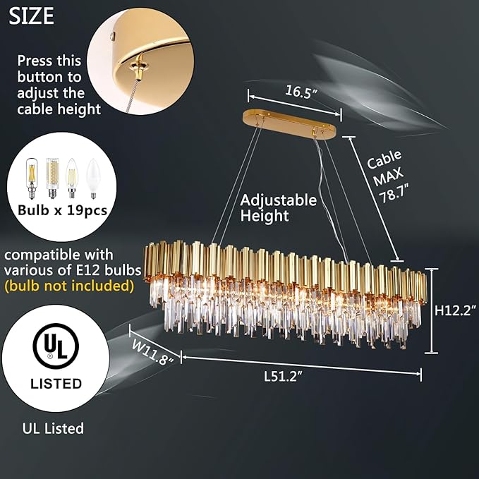 L51.2 Gold Rectangle Crystal Chandelier for Dining Room Modern Luxury Linear Light Fixture for Kitchen Island Contemporary Pendant Ceiling Light Oval Raindrop Chandelier Lighting 19-Light