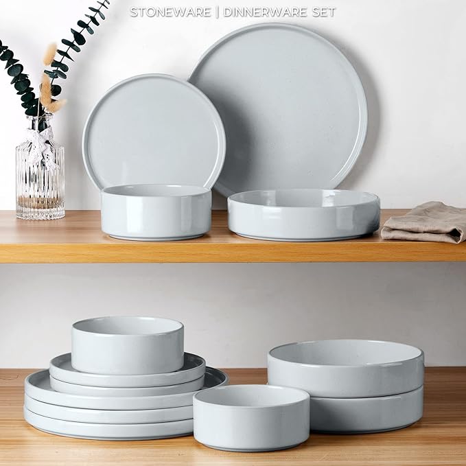 Onader Plates and Bowls Sets, 16 Pieces Stoneware Dinnerware for 4, Kitchen Dinner Dish Set with Pasta Bowl, Ceramic Dishware Dining Ware, Microwave & Dishwasher Safe - Slate Gray