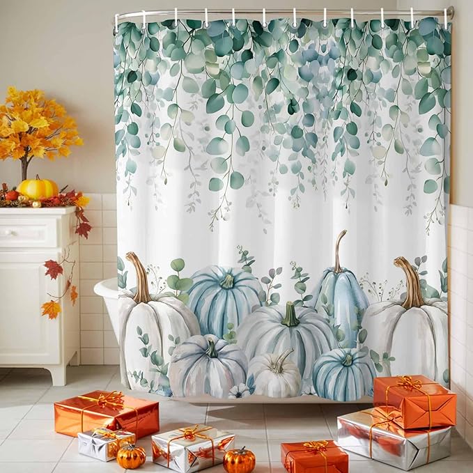 Fall Thanksgiving Shower Curtain, Teal White Pumpkin Shower Curtains Set with Hooks, Floral Sage Green Eucalyptus Leaves Waterproof Fabric Bathroom Curtains Decor Home Accessories,72 X 72 Inch Long