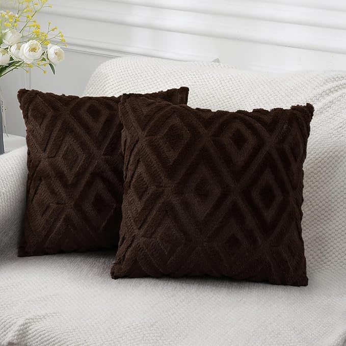 Pallene Brown Throw Pillow Covers 18x18 Set of 2, Soft Plush Faux Fur Decorative Couch Pillow Covers for Sofa Bed Living Room Pillow Cases with 3D Diamond Pattern