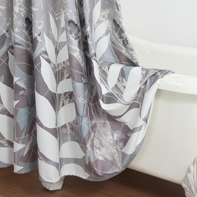 Long Shower Curtain 72x78 Inch, Polyester Fabric | Waterproof Botanical Design with Cream & Taupe-Grey Leaves