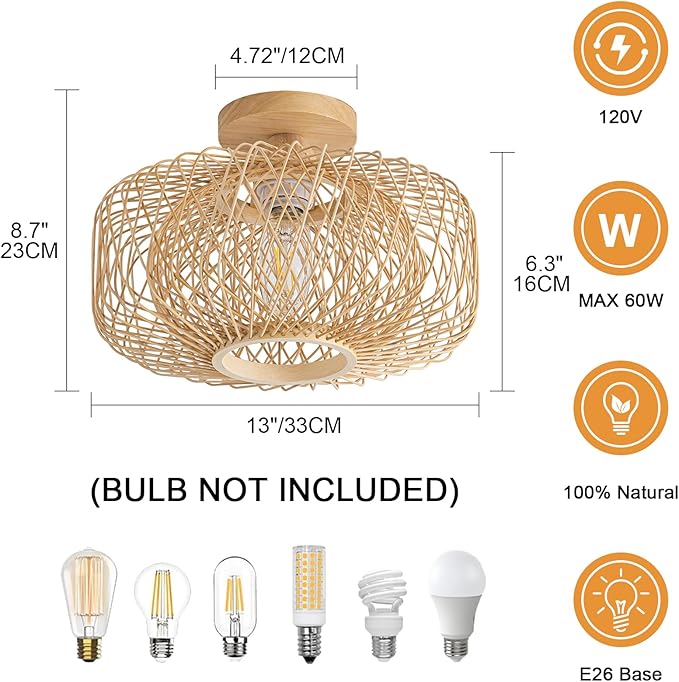 13" Boho Rattan Ceiling Light Fixture - Hand-Woven Natural Bamboo & Wood, Flush Mount Farmhouse Lighting for Bedroom, Living Room, Hallway, Kitchen, Entryway (Gold Finish, E26 Base)