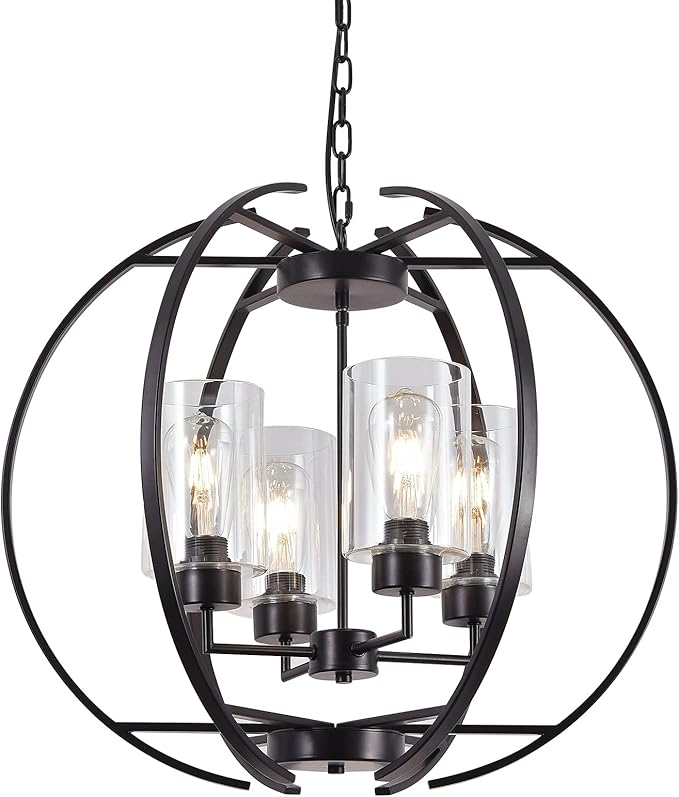 24" Globe Black Chandelier Dining Room Light Fixture Farmhouse Glass Chandeliers Vintage Bedroom Kitchen Island Pendant Lighting Industrial Metal Ceiling Hanging Fixture