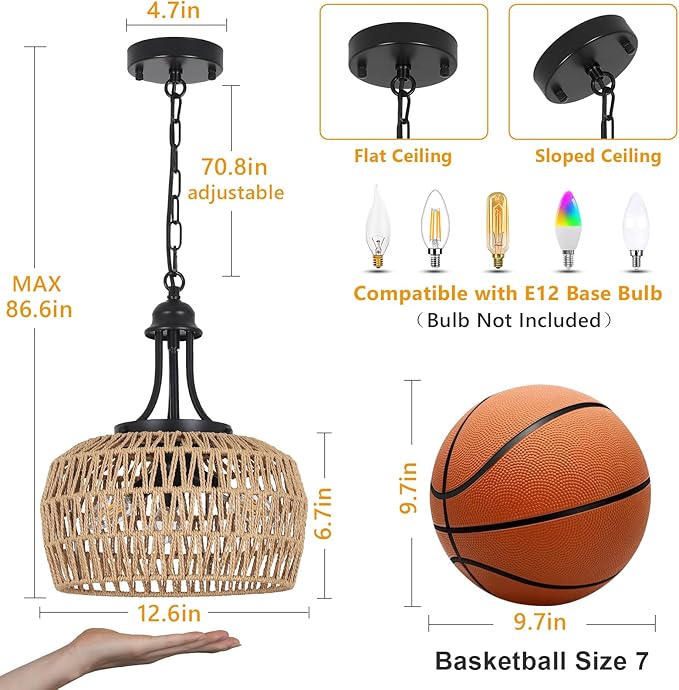 HMVPL Farmhouse Chandelier for Dining Room, 3-Light Boho Rattan Chandelier Light Fixture Ceiling Hanging with Woven Lampshade, Small Wicker Coastal Pendant Light for Kitchen Bedroom Island Hallway