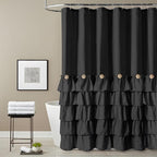 Seasonwood Black Ruffle Shower Curtain Farmhouse Style Black Fabric Shower Curtain Nature Button Shabby Chic Ruffles and French Country Style 72×72