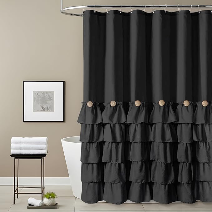 Seasonwood Extra Long Black Ruffle Shower Curtain 84 inch Shower Curtain Black Fabric Shower Curtains Nature Button Shabby Chic Ruffles and French Country Style 72 x 84 Shower Curtains