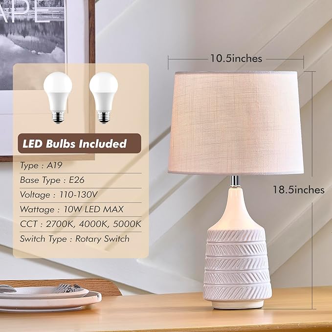 White Ceramic Table Lamps Set of 2, Decor Farmhouse Lamps for Living Room End Tables, 18.5" Bedside Lamps for Night Stands, Modern Boho Lamp for Bedroom Office, 3-Color Temperature LED Bulbs Included