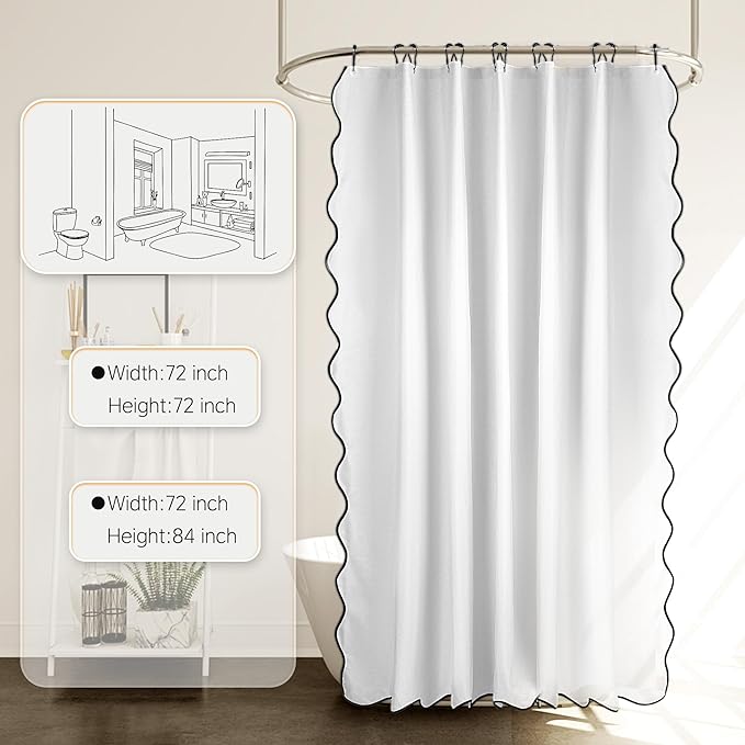 White and Black Scalloped Edge Shower Curtain Linen Textured with 12 Metal Hooks Cute Heavy Duty Washable Waterproof Neutral Thick Extra Long Chic Shower Curtain Sets for Hotel Bathroom 72x84 inches
