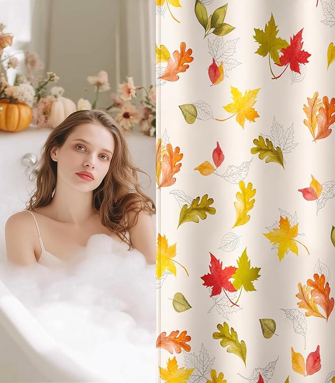 MAMUSE Fall Shower Curtain for Bathroom Stall Cute Decorative Waterproof Unique Design TeenWomen Cortinas de Baño Bathtub 72 x72 Inch, Red Leaves