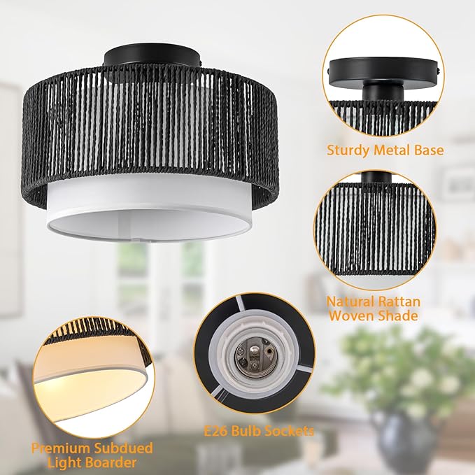 SineRise 12'' Rattan Flush Mount Ceiling Light Fixture,2-Tier Drum Hand-Woven Boho Flush Mount Ceiling Light,Farmhouse Light Fixture for Living Room,Kitchen,Bedroom Foyer Entryway ect.（Black）