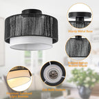 SineRise 12'' Rattan Flush Mount Ceiling Light Fixture,2-Tier Drum Hand-Woven Boho Flush Mount Ceiling Light,Farmhouse Light Fixture for Living Room,Kitchen,Bedroom Foyer Entryway ect.（Black）