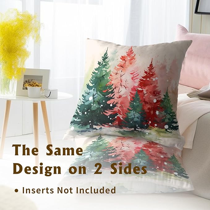 Watercolor Christmas Tree Pillow Covers Set of 2 - Red Green Xmas Pine Trees Decorative Pillow Cases for Winter Holiday Indoor Home Decor Couch Sofa Bed 16X16 Inch