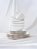 Famiware Eden Plates and Bowls Sets, Stoneware Dinnerware Sets with Gold Trim, 24 Pieces Dishes Set for 8 - Chip and Scratch Resistant, Microwave and Dishwasher Safe, White Circle