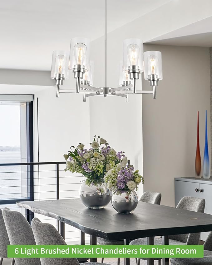 Farmhouse Chandeliers for Dining Room Brushed Nickel Chandelier Fixture with Clear Glass Shades 6 Light Dining Room Light Fixtures Pendant Lights for Kitchen Island Living Room Staircase
