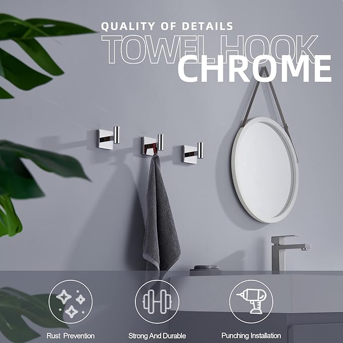 KOKOSIRI Robe Hook Bathroom Towel Coat Hooks for Bath Kitchen Wall 3 Pack Chrome Stainless Steel B1013CH-P3