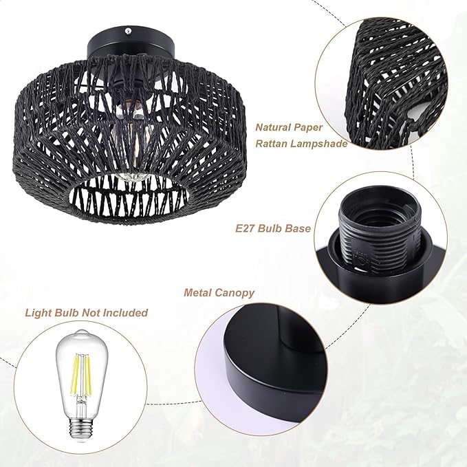 Boho Rattan Ceiling Light Fixture, Mini Rattan Chandelier Lighting Fixture, Hand Woven Ceiling Light Fixtures for Hallway Bedroom Kitchen Entryway Living Room (Black)