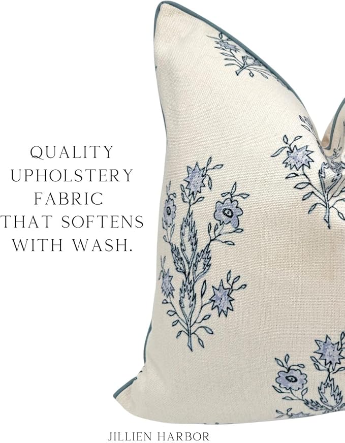 “The Mary” Periwinkle Floral Block Print Pillow Cover – Blue and Off-White Decorative Throw Pillow Cover – Grandmillennial Home Decor, 26" x 26"