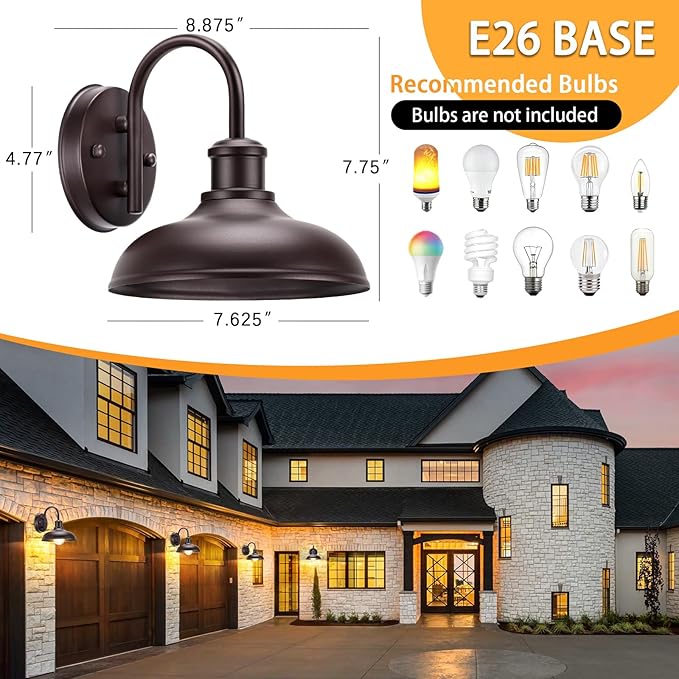 2-Pack Gooseneck Outdoor Light Fixtures, Farmhouse Barn Lights for Porch, Industrial Brown Exterior Wall Sconce for Garage, Patio, E26 Base Anti-Rust for Garage Frontdoor Entryway Doorway
