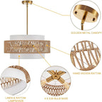 19.7" Rattan Chandelier with Linen Vintage Farmhouse Boho Hand Woven Bamboo Chandelier Light Fixture Modern Drum Wicker Rattan Gold Chandeliers for Dining Room, Kitchen, Living Room,Foyer