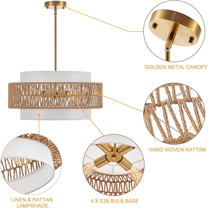 19.7" Rattan Chandelier with Linen Vintage Farmhouse Boho Hand Woven Bamboo Chandelier Light Fixture Modern Drum Wicker Rattan Gold Chandeliers for Dining Room, Kitchen, Living Room,Foyer