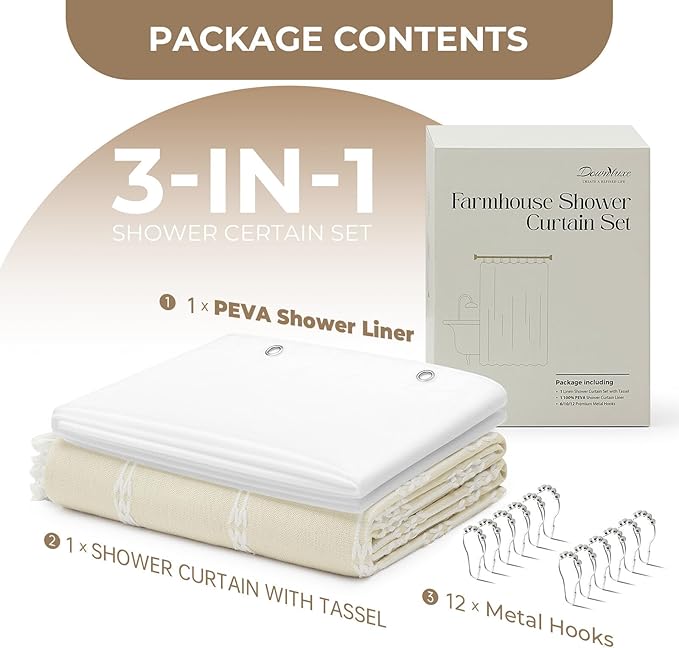 downluxe Linen Texture 3 in 1 Farmhouse Shower Curtain Set with Tassel, Boho Fabric Shower Curtains for Bathroom, Cream, 72W x 84L