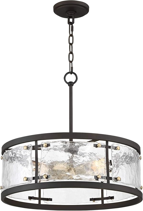 Possini Euro Design Bronze Pendant Light - 4 Light, Clear Waterglass Drum Shade, Bronze Brass Rustic Modern Pendant Light for Kitchen Islands, Dining Rooms, and Living Rooms - 19" Wide, 18 1/4" High