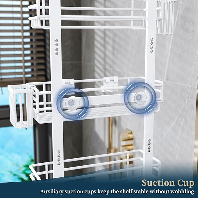 Consumest Over The Door Shower Caddy - 5 Tier Adjustable Shower Organizer Hanging with 2 Toothbrush Holders & 4 Hooks, Rustproof Oragnizer Shelf, Storage Rack for Bathroom, White