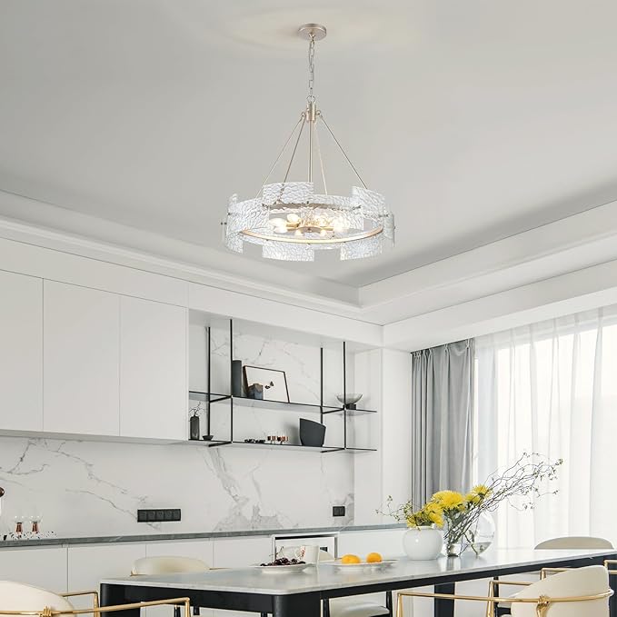 XINGQI Large 8-Light Modern Silver Glass Chandelier 26" Drum Light Fixture Round Water Ripple Pendant Lighting for Dining Room Living Room Kitchen Island Office