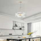 XINGQI Large 8-Light Modern Silver Glass Chandelier 26" Drum Light Fixture Round Water Ripple Pendant Lighting for Dining Room Living Room Kitchen Island Office