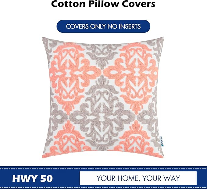 HWY 50 Coral Pink Decorative Throw Pillow Covers 18x18 Inch (1 Piece), Embroidered Cotton Farmhouse Cushion Cover Pillow Case for Sofa Couch Living Room Bed Bedroon, Floral Geometric