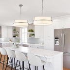 15.7" Modern Drum Chandelier Ceiling Light Fixture,3-Light Drum Pendant Light with White Fabric Shade,Adjustable Brushed Nickel Dining Room Chandelier for Kitchen Island Over Table Bedroom,E26