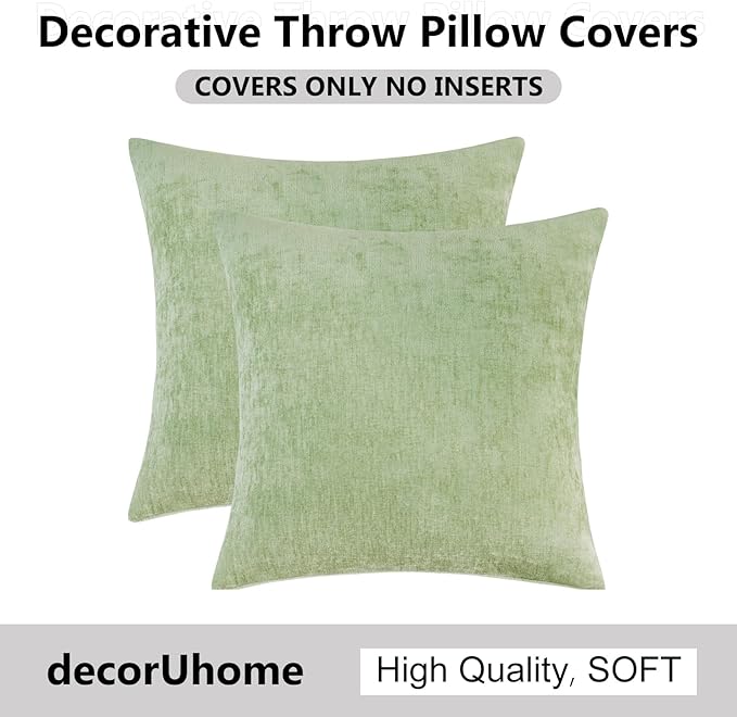 decorUhome Chenille Sage Green Throw Pillow Covers 26x26 Inch Set of 2, Decorative Soft Couch Pillow Covers Solid Dyed Accent Velvet Farmhouse Neutral Square Pillow Cases for Sofa Bed Living Room