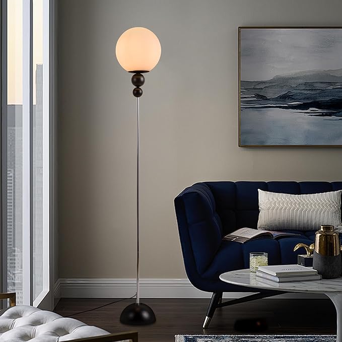 Modern Glass Floor Lamp for Bedroom, 63'' Vintage Mid-Century Floor Lamp with Milky White Frosted Glass Globe Shade for Living Room Corner, Slim Standing Reading Lamp for Office Decor (Black)