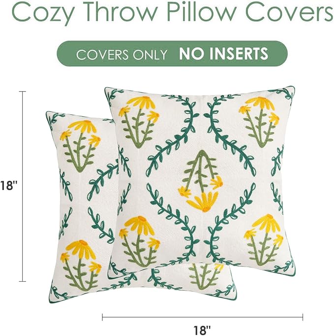 Adabana Embroidered Pillow Cover Set of 2 Farmhouse Decorative Floral Throw Pillow Covers 18x18 inch for Couch Sofa Bed Living Room Decor Green and Yellow
