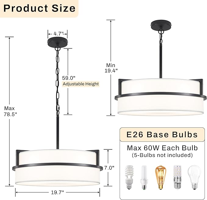 19.7" Black Drum Chandelier,5-Lights Large Drum Pendant Light with White Linen Shade Round Modern Chandeliers for Dining Room Bedroom Kitchen Island Over Table Hanging Ceiling Light Fixtures