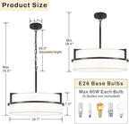 19.7" Black Drum Chandelier,5-Lights Large Drum Pendant Light with White Linen Shade Round Modern Chandeliers for Dining Room Bedroom Kitchen Island Over Table Hanging Ceiling Light Fixtures