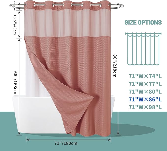 Coral No Hook Waffle Weave Shower Curtain with snap-in Liner Replacement, 230GSM Waterproof Fabric Hotel Shower Curtain Set for Bathroom, Through Mesh Top Window,71Wx86H