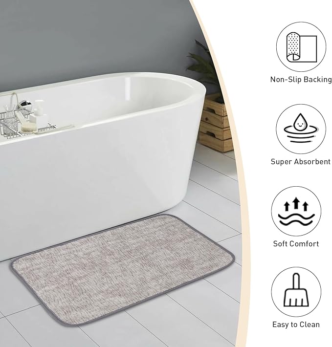 Bath Mats 30x20 Non-Slip Absorbent Bathroom Rug, Quick Dry Machine Washable Shower Tub Mat with Rubber Backing, Soft Floor Carpet for Bathroom Decor Bark Light Gray