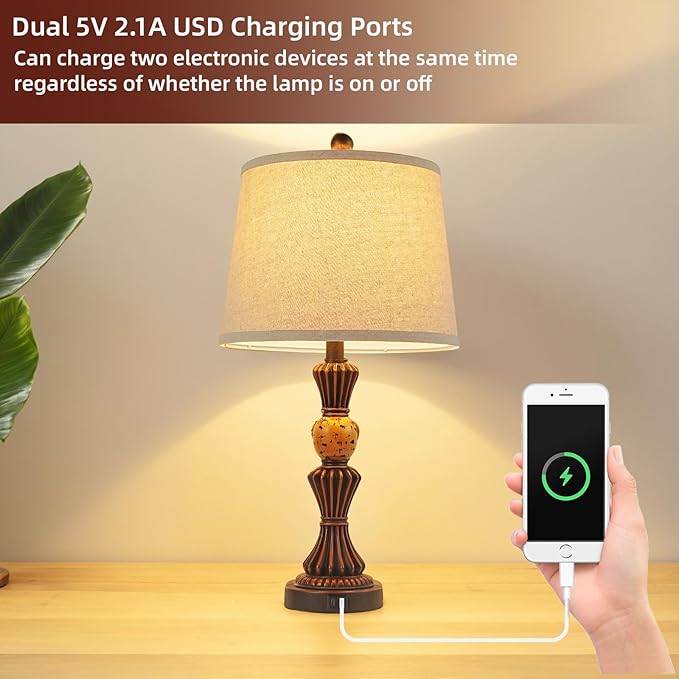 Set of Modern Table Lamps with USB-C & USB Ports, Rotating Knob Switch, Linen Shade + Resin Base Rustic Farmhous (Black Gold/Oil Bronze)