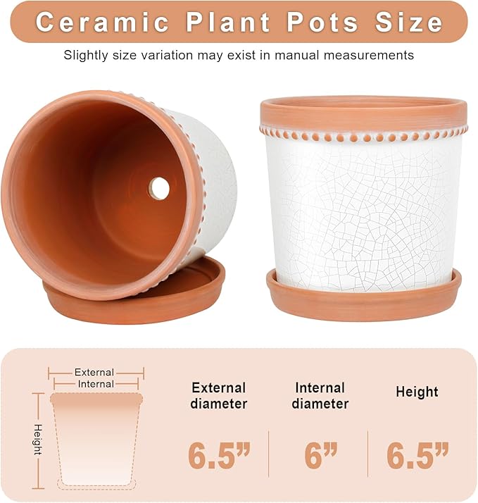 Ceramic Plant Pots, 6 Inch Planters for Indoor Plants, Flower Pots with Drainage Hole and Saucer, Set of 2 - Crackle Glaze White