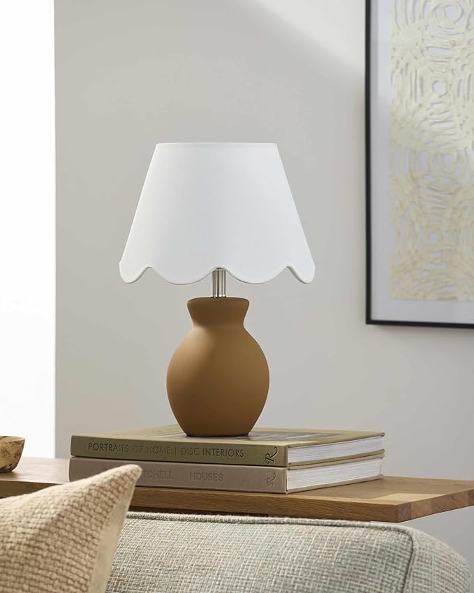 BoutiqueRugs Liliac Boho Ceramic Bedside Table Lamp for Bedroom Nightstand - End Side Lighting for Living Room - Shade Cotton - White, Brown - 15" H