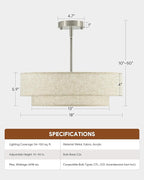 VONLUCE Modern Chandeliers, 18" Drum Chandeliers with 2-Layer Fabric Shade, 4-Light Pendant Light Fixture with E26 Base, Light Fixture for Dining Room Bedroom Living Room, Linen Shade & Nickel Finish